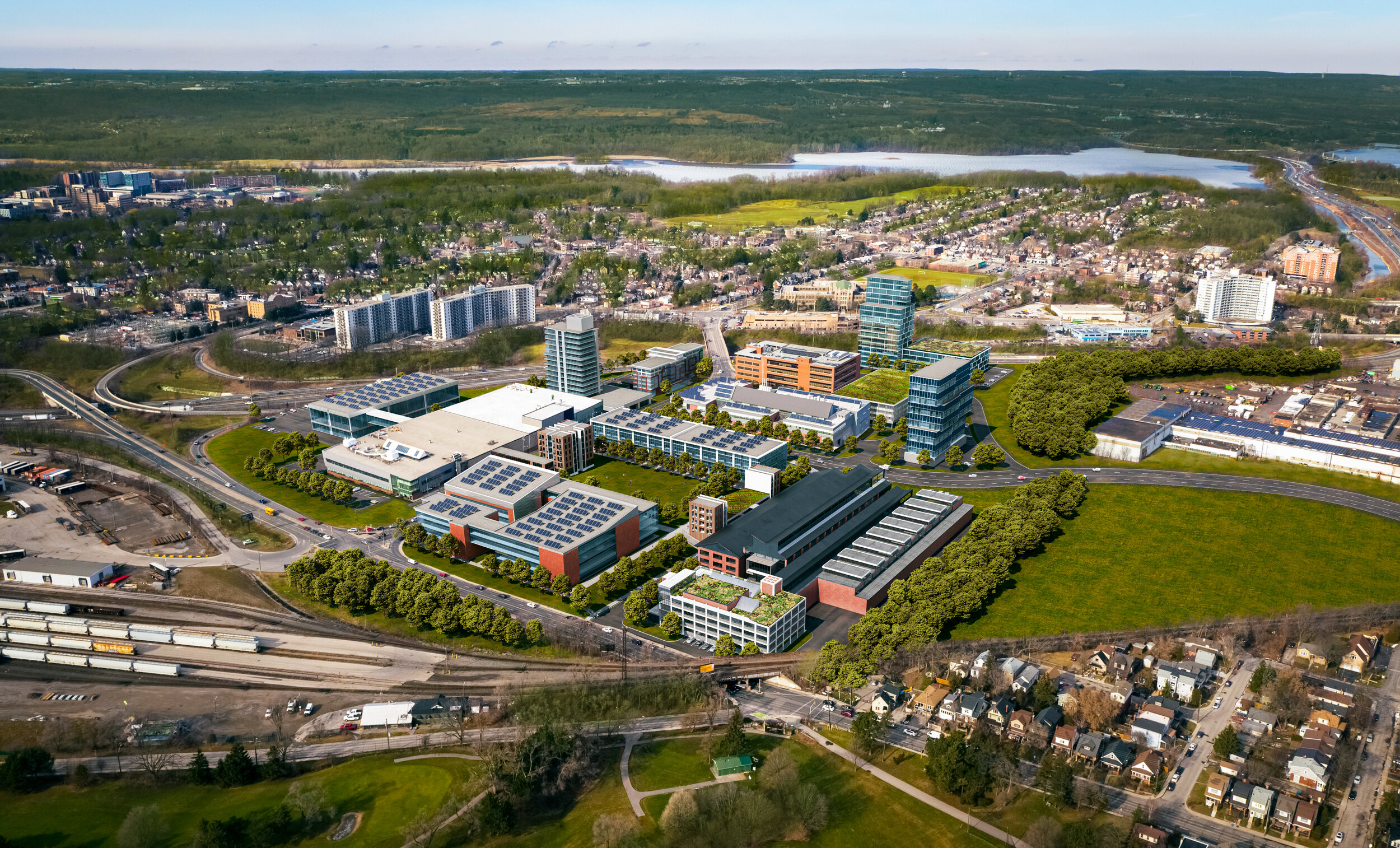 About Enedym - Enedym designs and builds electric propulsion motors, located in McMaster Innovation Park, overhead view of McMaster Innovation Park, Hamilton Ontario