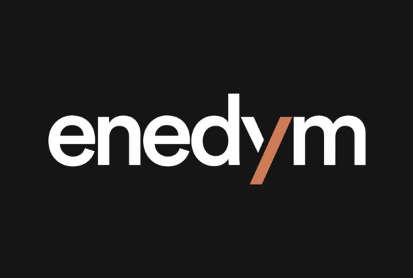 New Enedym Brand Identity - logo for Enedym. The name is in lowercase letters, white on black background with the marker in copper