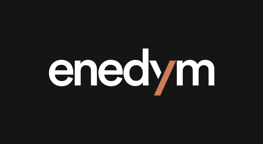 New Enedym Brand Identity - logo for Enedym. The name is in lowercase letters, white on black background with the marker in copper